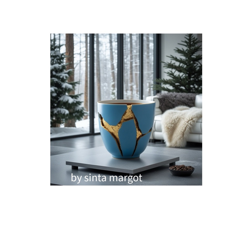 HANDCRAFTED digital art print Artisan Blue Ceramic Vase with Gold Detailing art